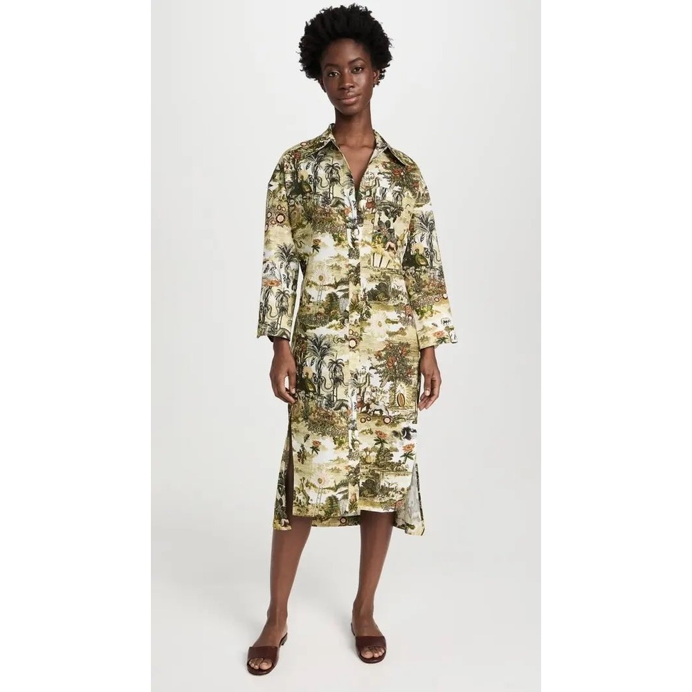 Chufy Anise Safari Shirt Dress Green Botanical Wildlife Print Cotton Linen L